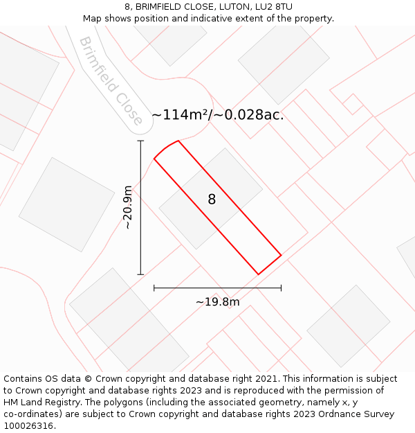 8, BRIMFIELD CLOSE, LUTON, LU2 8TU: Plot and title map