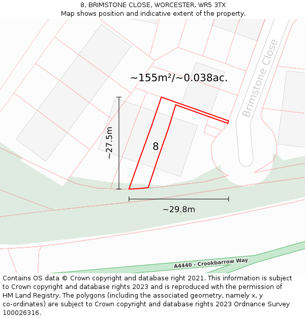 8, BRIMSTONE CLOSE, WORCESTER, WR5 3TX: Plot and title map
