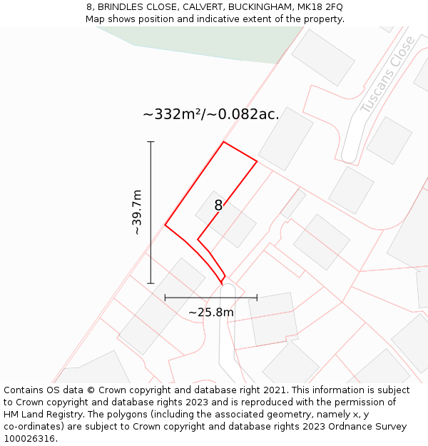 8, BRINDLES CLOSE, CALVERT, BUCKINGHAM, MK18 2FQ: Plot and title map