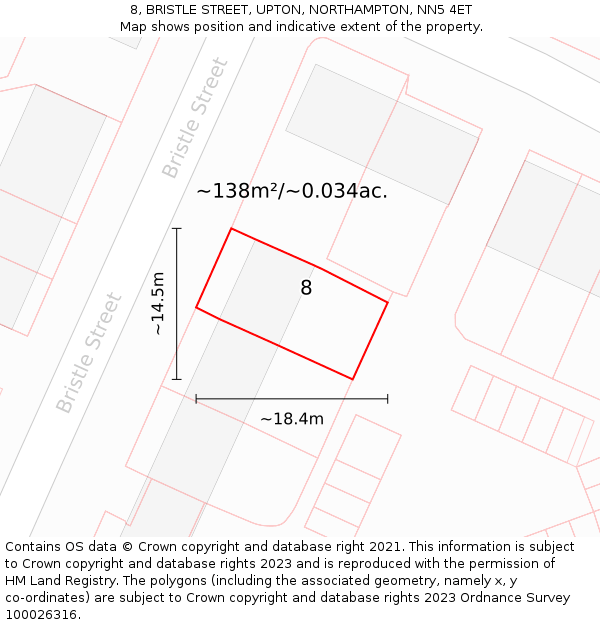 8, BRISTLE STREET, UPTON, NORTHAMPTON, NN5 4ET: Plot and title map