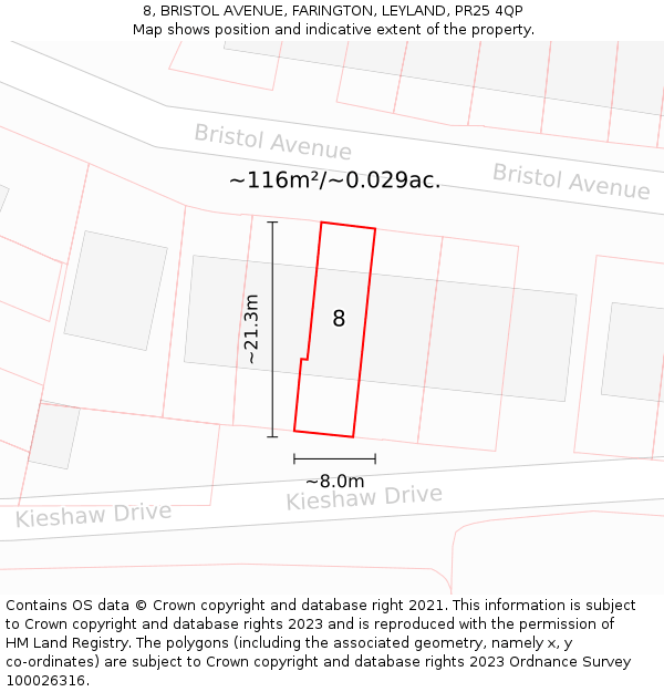 8, BRISTOL AVENUE, FARINGTON, LEYLAND, PR25 4QP: Plot and title map