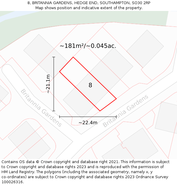 8, BRITANNIA GARDENS, HEDGE END, SOUTHAMPTON, SO30 2RP: Plot and title map