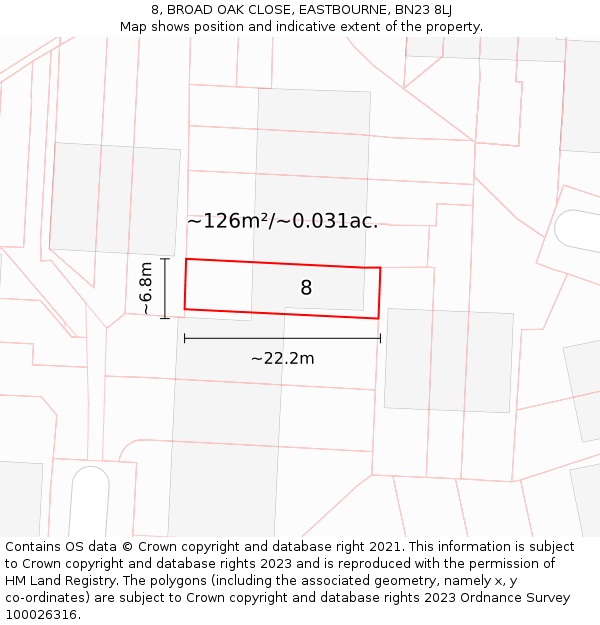8, BROAD OAK CLOSE, EASTBOURNE, BN23 8LJ: Plot and title map