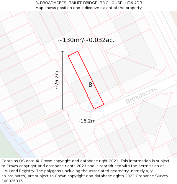 8, BROADACRES, BAILIFF BRIDGE, BRIGHOUSE, HD6 4DB: Plot and title map
