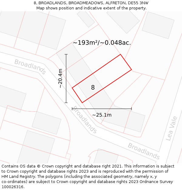 8, BROADLANDS, BROADMEADOWS, ALFRETON, DE55 3NW: Plot and title map
