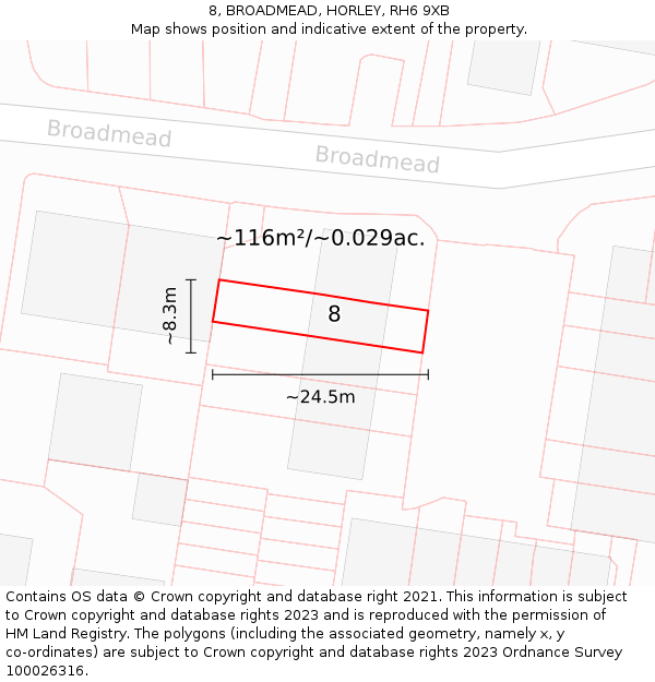 8, BROADMEAD, HORLEY, RH6 9XB: Plot and title map