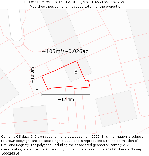 8, BROCKS CLOSE, DIBDEN PURLIEU, SOUTHAMPTON, SO45 5ST: Plot and title map