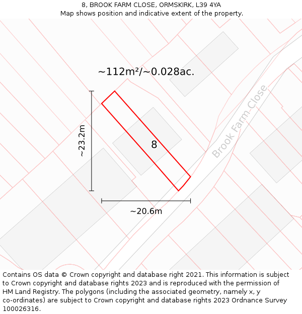 8, BROOK FARM CLOSE, ORMSKIRK, L39 4YA: Plot and title map