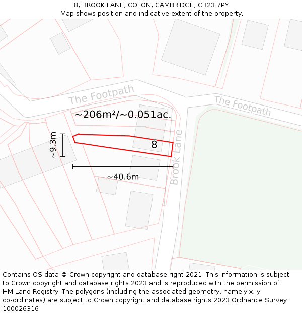 8, BROOK LANE, COTON, CAMBRIDGE, CB23 7PY: Plot and title map