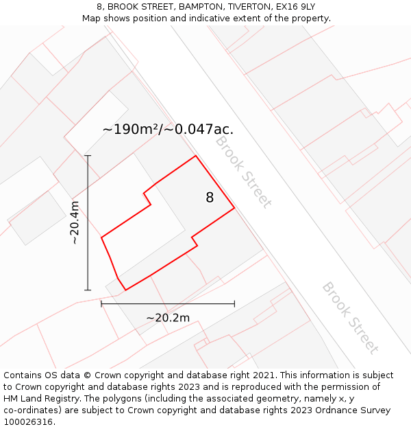 8, BROOK STREET, BAMPTON, TIVERTON, EX16 9LY: Plot and title map