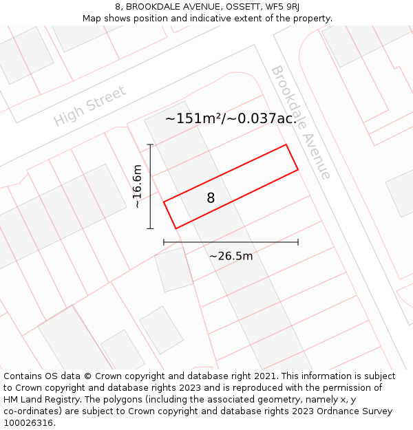 8, BROOKDALE AVENUE, OSSETT, WF5 9RJ: Plot and title map
