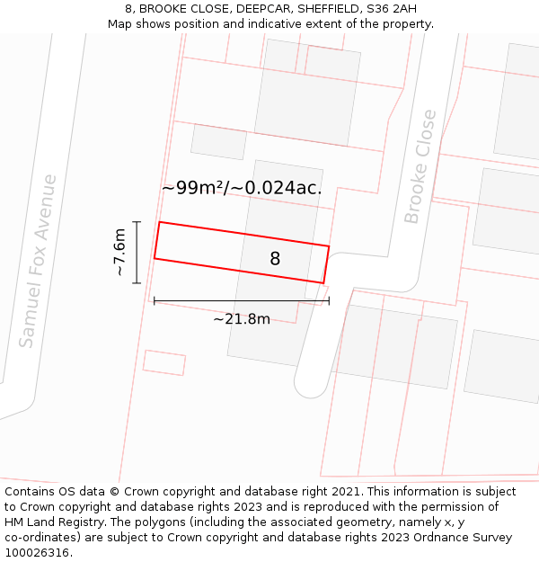 8, BROOKE CLOSE, DEEPCAR, SHEFFIELD, S36 2AH: Plot and title map