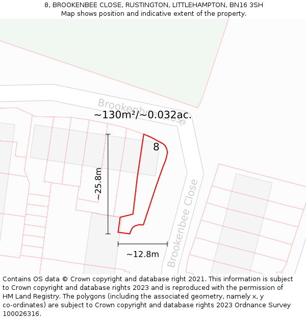 8, BROOKENBEE CLOSE, RUSTINGTON, LITTLEHAMPTON, BN16 3SH: Plot and title map