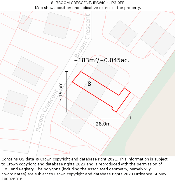 8, BROOM CRESCENT, IPSWICH, IP3 0EE: Plot and title map
