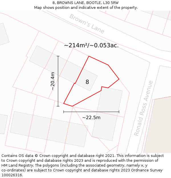8, BROWNS LANE, BOOTLE, L30 5RW: Plot and title map