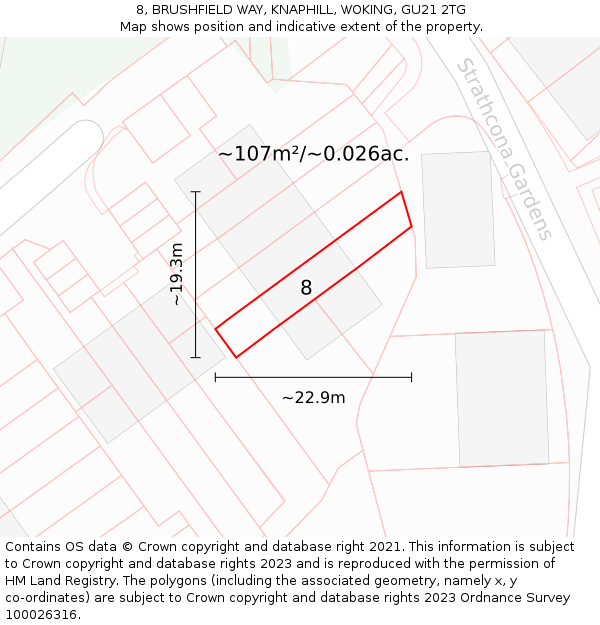 8, BRUSHFIELD WAY, KNAPHILL, WOKING, GU21 2TG: Plot and title map
