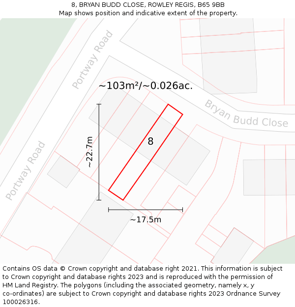 8, BRYAN BUDD CLOSE, ROWLEY REGIS, B65 9BB: Plot and title map