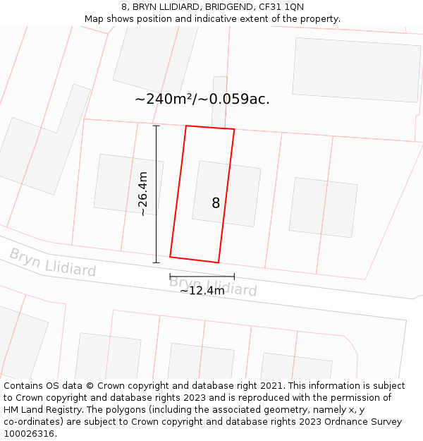 8, BRYN LLIDIARD, BRIDGEND, CF31 1QN: Plot and title map