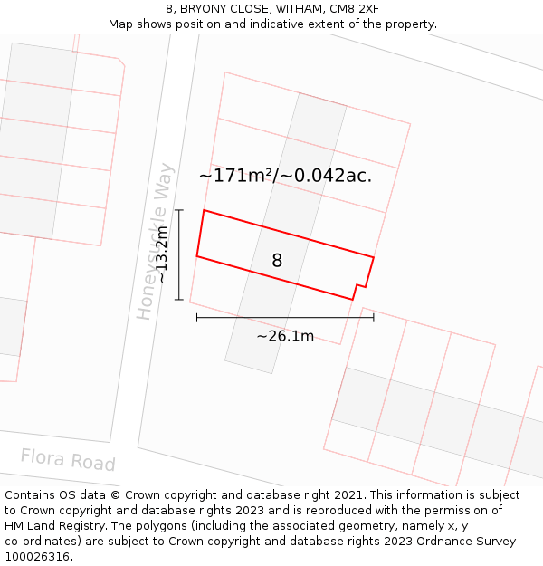 8, BRYONY CLOSE, WITHAM, CM8 2XF: Plot and title map