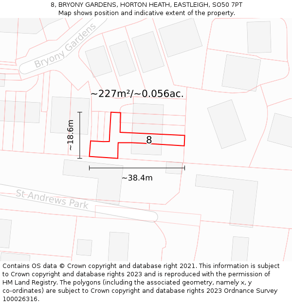 8, BRYONY GARDENS, HORTON HEATH, EASTLEIGH, SO50 7PT: Plot and title map