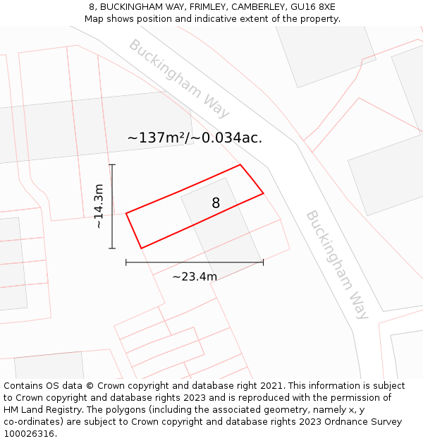 8, BUCKINGHAM WAY, FRIMLEY, CAMBERLEY, GU16 8XE: Plot and title map