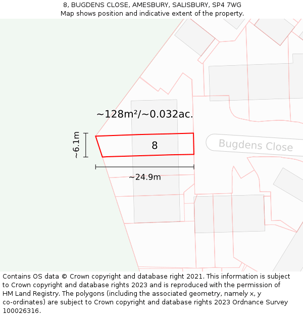 8, BUGDENS CLOSE, AMESBURY, SALISBURY, SP4 7WG: Plot and title map