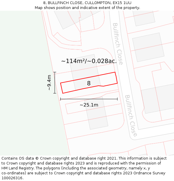 8, BULLFINCH CLOSE, CULLOMPTON, EX15 1UU: Plot and title map