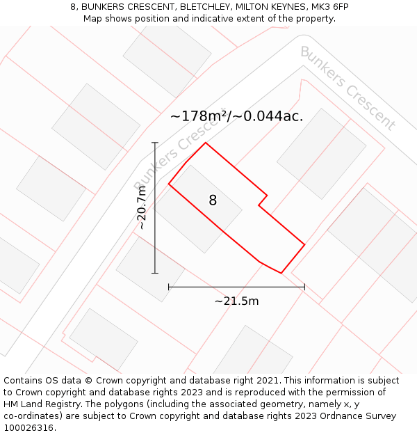 8, BUNKERS CRESCENT, BLETCHLEY, MILTON KEYNES, MK3 6FP: Plot and title map