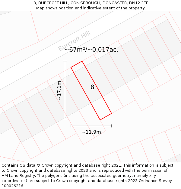 8, BURCROFT HILL, CONISBROUGH, DONCASTER, DN12 3EE: Plot and title map