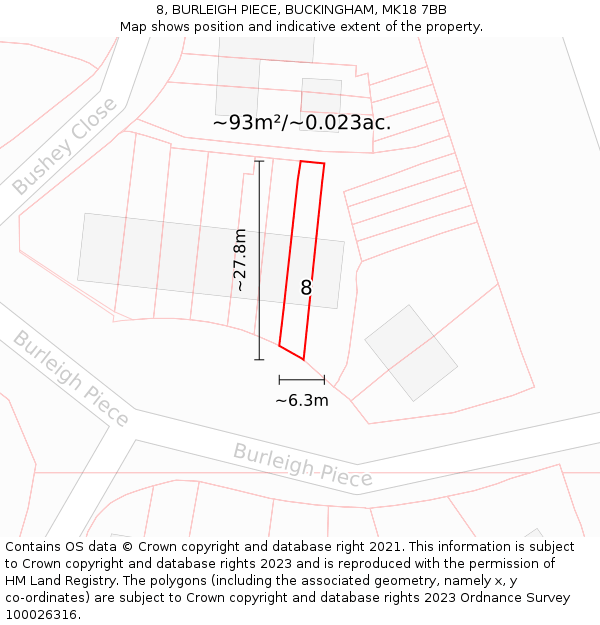 8, BURLEIGH PIECE, BUCKINGHAM, MK18 7BB: Plot and title map