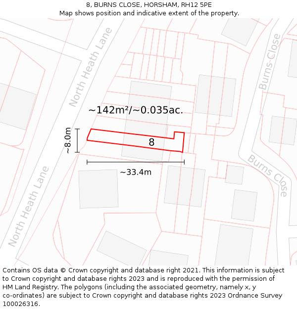 8, BURNS CLOSE, HORSHAM, RH12 5PE: Plot and title map