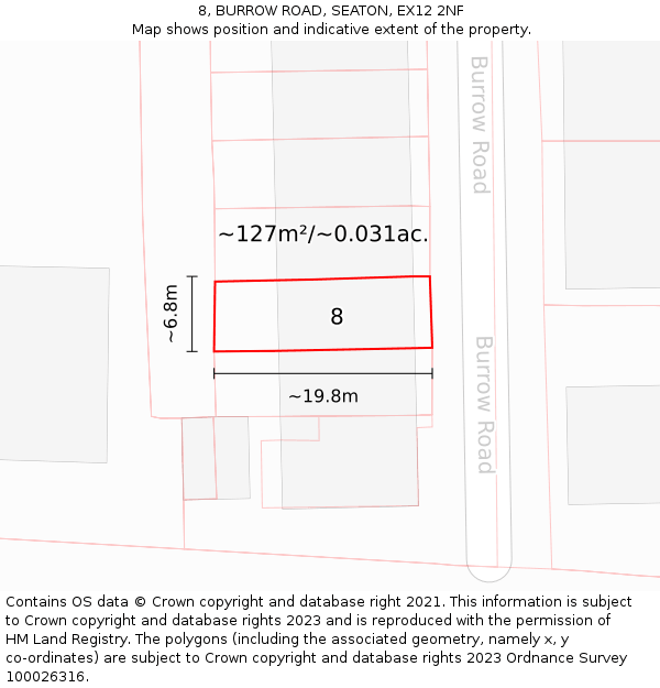 8, BURROW ROAD, SEATON, EX12 2NF: Plot and title map