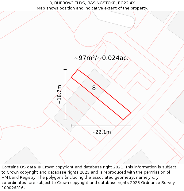 8, BURROWFIELDS, BASINGSTOKE, RG22 4XJ: Plot and title map
