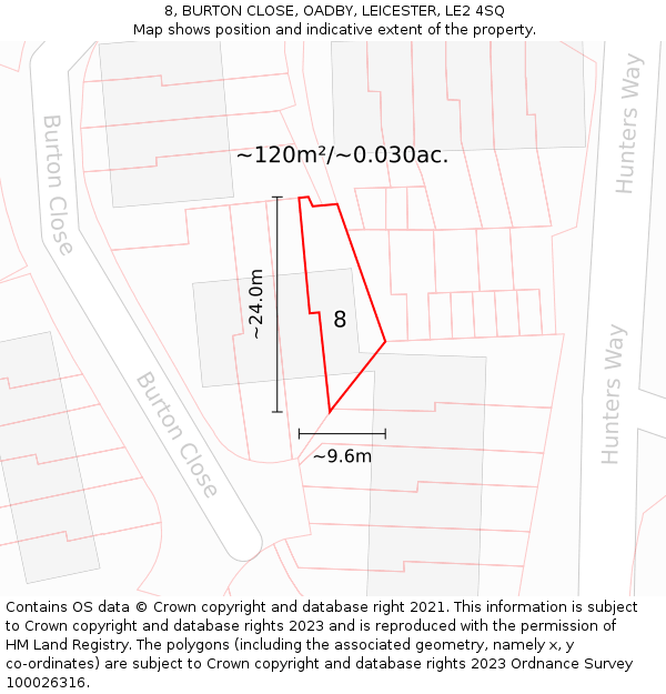 8, BURTON CLOSE, OADBY, LEICESTER, LE2 4SQ: Plot and title map