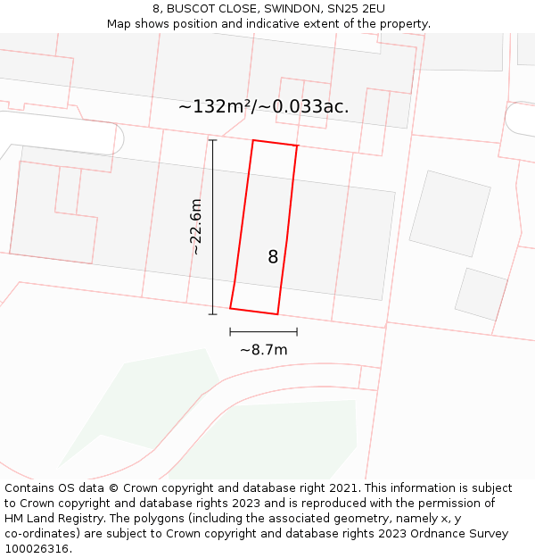 8, BUSCOT CLOSE, SWINDON, SN25 2EU: Plot and title map