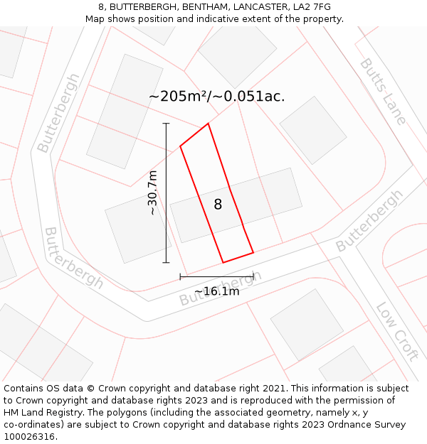 8, BUTTERBERGH, BENTHAM, LANCASTER, LA2 7FG: Plot and title map