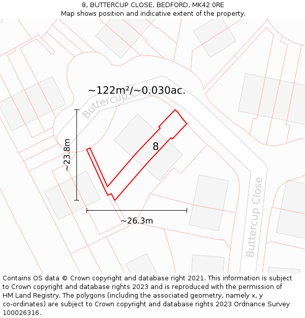 8, BUTTERCUP CLOSE, BEDFORD, MK42 0RE: Plot and title map