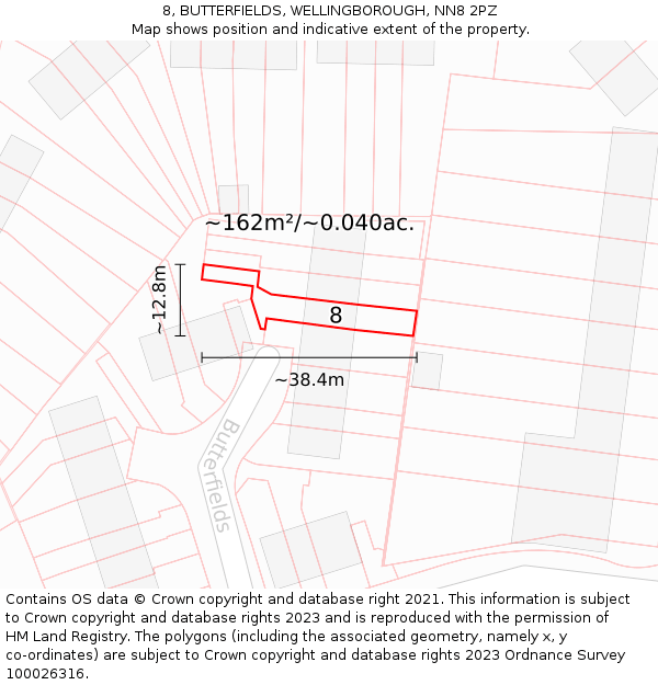 8, BUTTERFIELDS, WELLINGBOROUGH, NN8 2PZ: Plot and title map