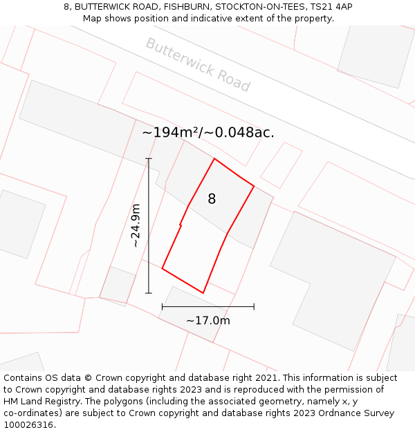 8, BUTTERWICK ROAD, FISHBURN, STOCKTON-ON-TEES, TS21 4AP: Plot and title map
