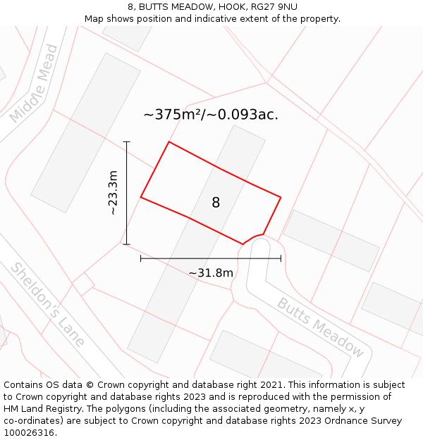 8, BUTTS MEADOW, HOOK, RG27 9NU: Plot and title map