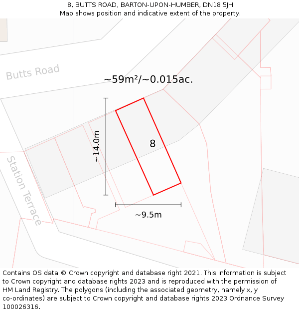 8, BUTTS ROAD, BARTON-UPON-HUMBER, DN18 5JH: Plot and title map