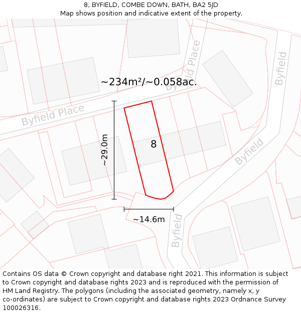 8, BYFIELD, COMBE DOWN, BATH, BA2 5JD: Plot and title map