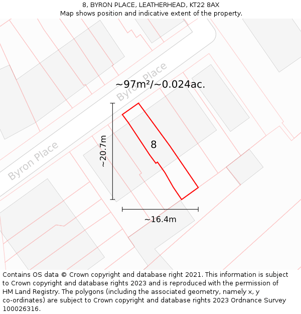 8, BYRON PLACE, LEATHERHEAD, KT22 8AX: Plot and title map