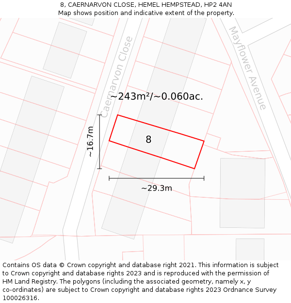 8, CAERNARVON CLOSE, HEMEL HEMPSTEAD, HP2 4AN: Plot and title map