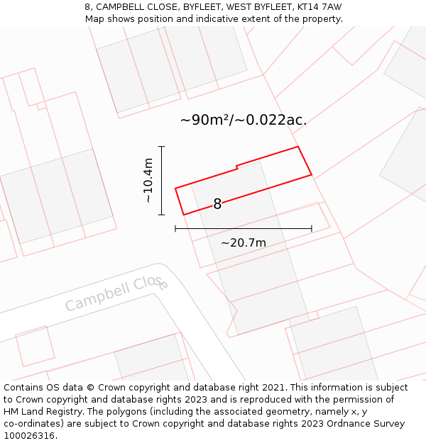 8, CAMPBELL CLOSE, BYFLEET, WEST BYFLEET, KT14 7AW: Plot and title map