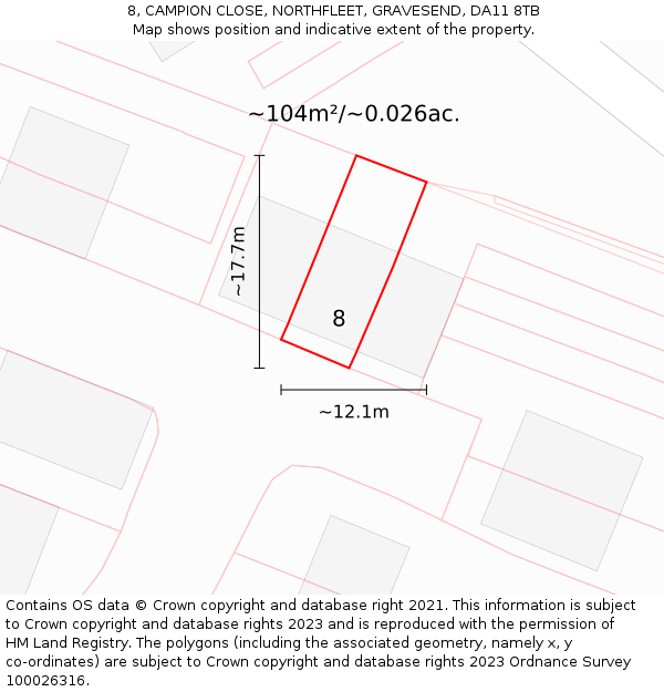 8, CAMPION CLOSE, NORTHFLEET, GRAVESEND, DA11 8TB: Plot and title map