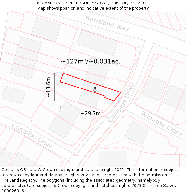 8, CAMPION DRIVE, BRADLEY STOKE, BRISTOL, BS32 0BH: Plot and title map