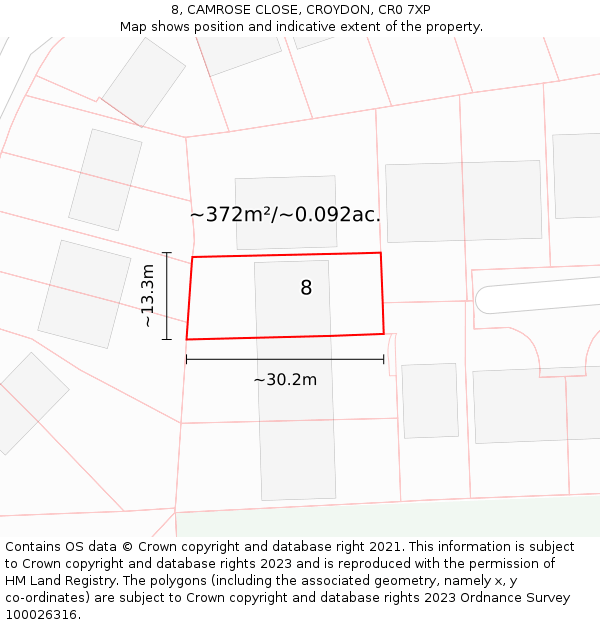 8, CAMROSE CLOSE, CROYDON, CR0 7XP: Plot and title map