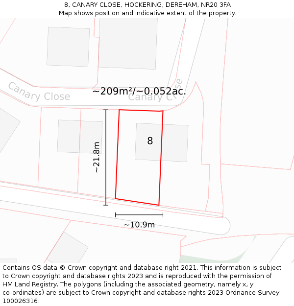 8, CANARY CLOSE, HOCKERING, DEREHAM, NR20 3FA: Plot and title map