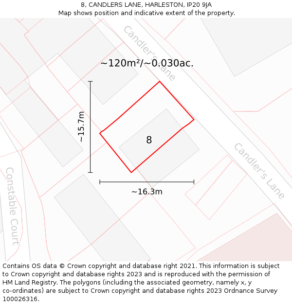 8, CANDLERS LANE, HARLESTON, IP20 9JA: Plot and title map